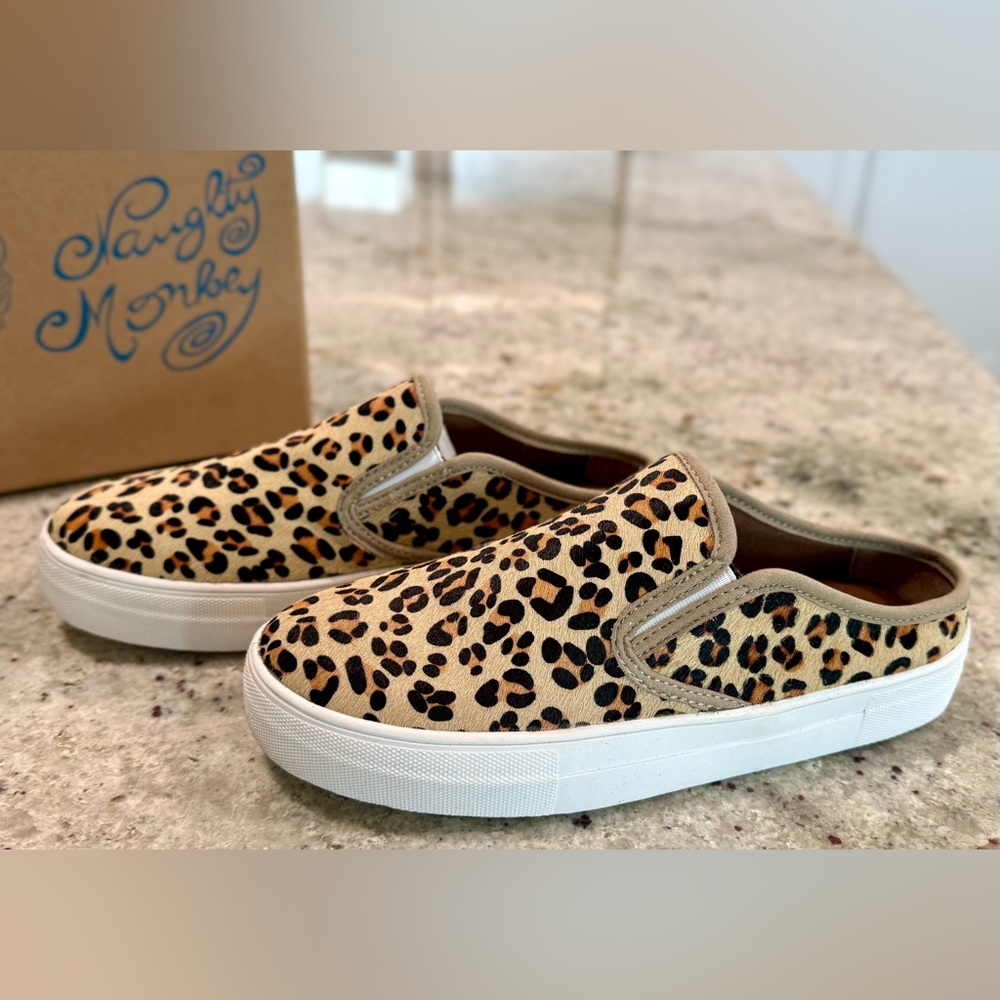naughty monkey “Venice” Leopard Print (real fur) Slip-On Sneakers “NEW”